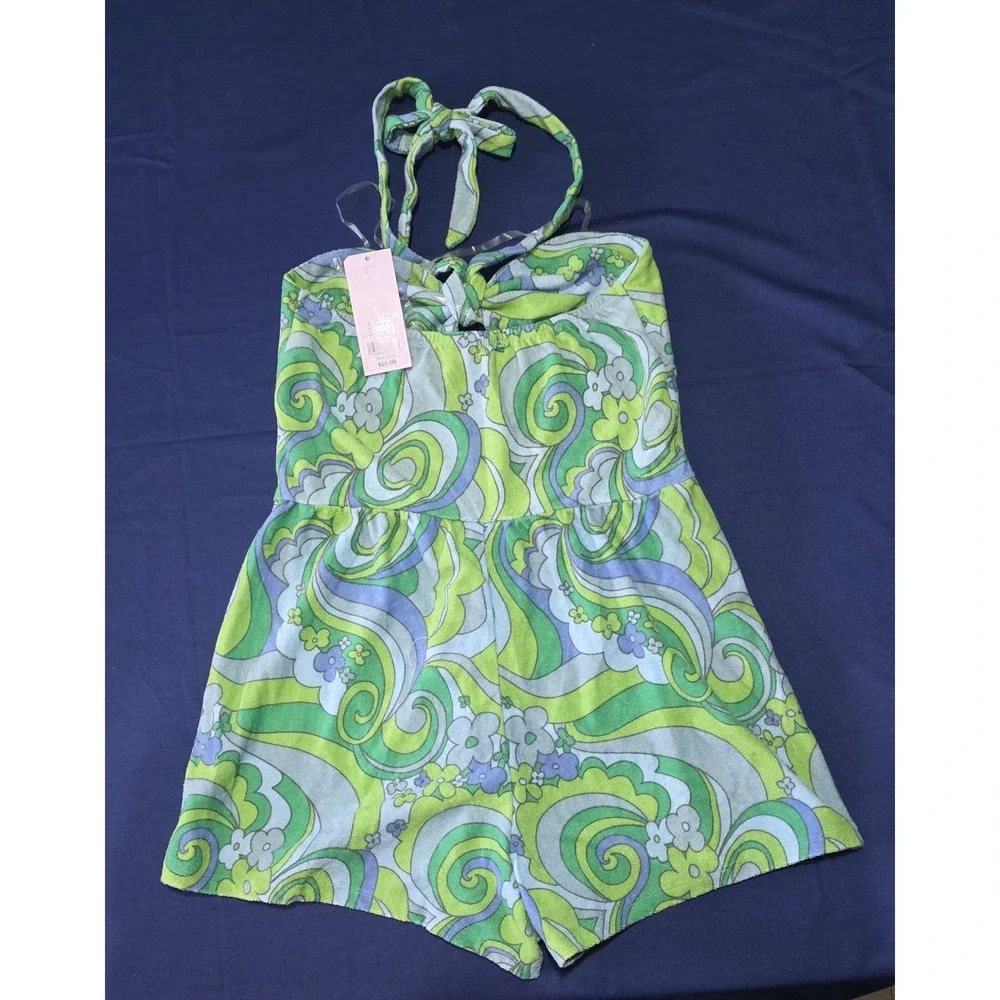 Wild Fable XS Green Blue Psychedelic Floral Terry Cloth Halter Romper NWT